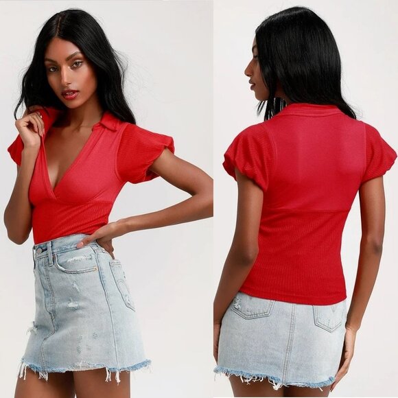 Free People Tops - NWT New Free People Molly Red Ribbed Short Sleeve Surplice Top Size XS